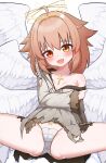  1girl ahoge angel angel_wings blush braid breasts brown_hair cameltoe commentary cross cross_necklace english_commentary fang feathered_wings gician_l halo heterochromia highres jewelry long_hair long_sleeves looking_at_viewer multiple_wings necklace open_mouth original panties seraph skin_fang small_breasts smile solo spread_legs striped_clothes striped_panties thighs torn_clothes underwear white_wings wings 