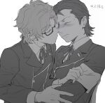  2boys armband blush closed_mouth commentary_request dress_shirt from_side gekkoukan_high_school_uniform glasses greyscale hiraga_keisuke imminent_kiss isa_(peien516) jacket male_focus monochrome multiple_boys neck_ribbon odagiri_hidetoshi persona persona_3 rectangular_eyewear ribbon school_uniform semi-rimless_eyewear shirt short_hair sideburns simple_background translation_request under-rim_eyewear upper_body white_background yaoi 
