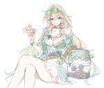  1girl adapted_costume animalization aqua_dress aventurine_(honey_dice)_(honkai:_star_rail) aventurine_(honkai:_star_rail) aventurine_(waveflair)_(honkai:_star_rail) blonde_hair braid breasts cake_cat_(honkai:_star_rail) cleavage cocktail_glass crossed_legs cup dr._ratio_(blueberry_jar)_(honkai:_star_rail) dr._ratio_(honkai:_star_rail) dress drinking_glass eyewear_on_head feet_out_of_frame flower genderswap genderswap_(mtf) green-tinted_eyewear green_hair hair_between_eyes hair_flower hair_ornament hand_up highres holding holding_cup honkai:_star_rail honkai_(series) invisible_chair jewelry long_hair looking_at_viewer multicolored_hair necklace official_alternate_costume open_mouth person_and_animalization petting purple_eyes simple_background single_braid single_off_shoulder sitting smile solo streaked_hair tinted_eyewear trkz_tmwk very_long_hair white_background 