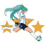  1girl 2026_fifa_world_cup aqua_eyes aqua_hair argentina argentinian_miku argentinian_national_soccer_team_uniform arm_tattoo ball breasts diego_maradona ear_piercing hatsune_miku highres junodayz leg_tattoo long_hair medium_breasts piercing simple_background soccer soccer_ball soccer_uniform sportswear star_(symbol) tattoo trionda twintails vocaloid white_background world_cup worldwide_miku 