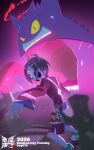  1boy ahoge allister_(pokemon) black_hair collared_shirt colored_sclera demonqz7 dynamax gengar gigantamax gigantamax_gengar gloves highres long_sleeves male_focus mask open_mouth poke_ball poke_ball_(basic) pokemon pokemon_(creature) pokemon_sword_and_shield purple_eyes red_eyes shirt shoes short_hair shorts single_glove smile suspender_shorts suspenders teeth tongue tongue_out yellow_sclera 