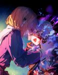  2girls :d absurdres black_background black_cloak blood blood_in_hair blood_on_clothes blood_on_face blue_background blue_shirt blush brown_hair cloak commentary gradient_background hair_between_eyes hair_ornament hand_up heads_together healing highres kagari_mimi kimi_ga_shinu_made_koi_wo_shitai light_particles long_hair long_sleeves looking_at_another magic medium_hair multiple_girls open_mouth pink_eyes pink_hair sailor_collar school_uniform shirt sidelighting sidelocks smile sparkle teeth totsuki_shiina upper_body upper_teeth_only white_sailor_collar x_hair_ornament ydpfa 