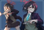  1girl absurdres aqua_necktie ayane_(blue_archive) black_hair black_skirt blazer blue_archive blue_background blue_jacket brown_eyes brown_sweater collared_shirt commentary elf firing glasses gun hair_ornament halo handgun headset highres holding holding_gun holding_weapon jacket m1saki_1 miniskirt multiple_views muzzle_flash necktie plaid_clothes plaid_skirt pointy_ears red-framed_eyewear red_halo serious shirt short_hair sig_p228/p229 sig_sauer simple_background skirt sweater trigger_discipline weapon white_shirt 