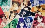  6+girls adachi_taeko ayasaki_wakana backpack bag bird bow closed_mouth commentary_request endou_akira everyone fukano_youichi glasses gym_shirt gym_uniform hair_bow hairband holding_relay_baton hosaka_miyuki hoshino_asuka long_hair looking_afar looking_at_animal looking_at_viewer looking_to_the_side matsuoka_chie microphone microphone_stand morii_kaho multiple_girls multiple_monochrome nagakura_emiru name_tag nanase_yuu official_art one_eye_closed open_mouth ponytail puritan_collar sawatari_honoka school_uniform sentimental_graffiti serafuku shirt short_hair singing smile sugihara_manami traditional_media twintails yamamoto_rurika 