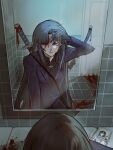  1girl bathroom black_hair black_necktie black_suit blood blood_on_face blue_streaks collared_shirt commentary_request crying highres indoors jacket katana kingofgamz28705 korean_commentary limbus_company long_hair long_sleeves looking_at_viewer mirror multicolored_hair necktie ootachi pinky_(identity)_(project_moon) project_moon reflection ryoshu_(project_moon) scissors sheath sheathed shirt solo streaked_hair streaming_tears suit sword tears tile_wall tiles weapon weapon_on_back 