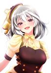  1girl :d assault_lily black_hat black_shirt blush breasts buttons collared_shirt commentary_request grey_hair hair_between_eyes hat hat_ribbon hata_matsuri highres looking_at_viewer medium_breasts medium_hair neck_ribbon open_mouth purple_eyes ribbon shirt short_sleeves smile solo tilted_headwear tora_(yoaq151bibozrrb) two-tone_headwear two-tone_shirt white_background yellow_hat yellow_ribbon yellow_shirt 