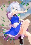  1girl apron artist_name back_bow black_bow black_bowtie blue_dress blue_eyes blue_sky bow bowtie braid breasts brown_shoes clock clock_tower closed_mouth cloud commentary_request dated day dress frilled_dress frills green_bow grey_hair hair_bow highres izayoi_sakuya knife loafers long_hair maid maid_headdress mist9801km pinafore_dress puffy_short_sleeves puffy_sleeves roman_numeral shoes short_sleeves sky sleeveless sleeveless_dress small_breasts socks solo touhou tower twin_braids waist_apron white_apron white_bow white_socks white_wrist_cuffs wrist_cuffs 