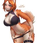  1girl animal_ears art_trade bare_shoulders belt black_belt black_panties black_tube_top blush borrowed_character breasts cat_ears cleavage closed_mouth commentary cowboy_shot dog_ears dog_girl dog_tail eyelashes female_pubic_hair furry furry_female groin half-closed_eyes halterneck highres kmnsaur large_breasts leaning_forward looking_to_the_side navel orange_eyes orange_hair orange_tail original panties panty_lift pubic_hair russian_commentary short_hair simple_background smile snout solo stomach strapless tail telegram_username thigh_belt thigh_strap thighs tube_top underwear white_background 