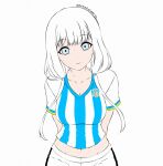 1girl argentinian_national_soccer_team_uniform arms_behind_back artist_name blunt_bangs bob_cut breasts cleavage closed_mouth commentary english_commentary hair_tie large_breasts leaning_forward looking_at_viewer low_twintails midriff navel original self-upload shirt short_sleeves shorts simple_background smile soccer_uniform solo sportswear striped_clothes striped_shirt twintails upper_body white_background white_hair white_shorts whitekaiserin 