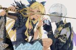  1boy 1girl absurdres black_dress black_gloves black_jacket blonde_hair blue_eyes bracelet breasts cleavage cleavage_cutout clenched_teeth clothing_cutout colored_skin commentary_request cup dark-skinned_female dark-skinned_male dark_skin dragon_girl dragon_horns dragon_tail dress drinking_glass earrings face-to-face facial_mark fate/grand_order fate_(series) feathers gloves green_eyes green_rar grey_skin hair_ribbon highres holding holding_cup holding_sword holding_weapon horns indra_(fate) jacket jewelry lightning_bolt_facial_mark lightning_bolt_symbol long_hair long_sleeves looking_at_another neck_ring open_mouth parted_lips polearm profile ribbon sharp_teeth short_hair simple_background smile swept_bangs sword tail teeth twitter_username vajra_(object) vritra_(fate) vritra_(second_ascension)_(fate) weapon white_background white_hair wide_sleeves yellow_eyes 