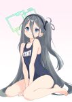  1girl absurdly_long_hair absurdres aqua_halo aris_(blue_archive) black_hair black_one-piece_swimsuit blue_archive blue_eyes character_name commentary_request gradient_background hair_between_eyes halo highres long_hair long_hair_between_eyes looking_at_viewer name_tag nico_kmochi one-piece_swimsuit one_side_up pink_background rectangular_halo school_swimsuit sitting solo swimsuit very_long_hair wariza 