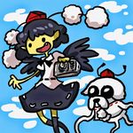  adventure_time animal_ears bad_id bad_pixiv_id black_wings camera cindysuke dog finn_the_human hat inubashiri_momiji jake_the_dog lowres open_mouth parody shameimaru_aya simple_background skirt style_parody tokin_hat touhou wings wolf_ears 