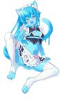  1girl :d absurdres animal_ears bikini black_skirt blue_hair blue_skin blush bow bowtie breasts cat_ears cat_girl cat_tail colored_skin commentary_request fang full_body heart highres long_hair looking_at_viewer lying maid maid_bikini maid_headdress midriff miniskirt monster_girl name_tag navel on_side open_mouth original pink_bow pink_bowtie pink_ribbon ribbon ribbon-trimmed_thighhighs ribbon_trim single_paw_pose skirt slime_girl slime_kemomimi_(ug_(nekonekodou)) small_breasts smile solo stirrup_legwear swimsuit tail thighhighs thighs toeless_legwear toenails ug_(nekonekodou) unconventional_maid white_thighhighs wrist_cuffs 