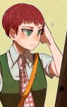  1girl alternate_hair_length_(shorter) blush closed_mouth collared_shirt commentary_request danganronpa_(series) danganronpa_2:_goodbye_despair eyelashes freckles green_background green_eyes hand_on_own_head koizumi_mahiru looking_at_mirror mirror motion_lines necktie outline plaid_clothes plaid_necktie red_hair red_necktie shinshishinc shirt short_hair short_sleeves simple_background solo split_mouth sweatdrop very_short_hair white_outline white_shirt 