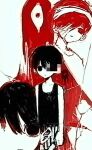  2boys antenna_hair bandage_over_one_eye bandaged_head bandages closed_mouth collarbone double-parted_bangs dual_persona expressionless greyscale hair_between_eyes holding holding_knife hospital_gown knife male_focus monochrome multiple_boys multiple_monochrome omori omori_(omori) red_theme short_hair shorts something_(omori) spoilers striped_clothes striped_shorts sunny_(hospital_gown)_(omori) sunny_(omori) tank_top vertical-striped_clothes vertical-striped_shorts waguwagu090908 