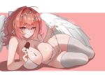  1girl absurdres areola_slip breasts commentary_request food hair_intakes highres holding holding_food holding_ice_cream ice_cream large_breasts looking_at_viewer lying medium_hair on_side pink_background pink_hair purple_eyes remielle_dan ru_xun_he_yu!! solo swimsuit thighhighs white_thighhighs wings zenless_zone_zero 