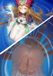  1girl armor ass barefoot blonde_hair blue_background blush breasts character_request closed_mouth commentary_request dress duel_monster eyelashes feet foot_focus from_below gold_trim hair_between_eyes hand_up hat highres long_hair long_sleeves looking_at_viewer magic medium_breasts multiple_views purple_eyes shoulder_armor sketch soles solo toes very_long_hair wavy_mouth white_dress wide_sleeves xunfengbeng yu-gi-oh! 