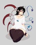  1girl alternate_costume asymmetrical_wings black_hair black_thighhighs blue_wings casual closed_mouth collarbone commentary english_commentary fang full_body grey_background highres houjuu_nue kneeling looking_at_viewer medium_hair messy_hair pixel_art red_eyes red_wings shirt simple_background skin_fang sleepy solo thighhighs thighs touhou twitter_username vexkaf white_shirt wings 