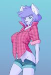  big_breasts breasts canid canine clothed clothing cubikore female mammal plaid_shirt 