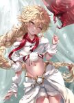  1boy aether_(genshin_impact) balloon commentary genshin_impact highres holding holding_balloon lj6v6 male_focus midriff navel solo tagme trap untranslatable_commentary 