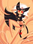  1girl andaerz animal_ears animal_on_head arm_behind_head black_hair black_shirt blunt_bangs blush blush_stickers bow bracelet breasts cat_ears cat_girl cat_girl_(andaerz) cat_tail crop_top cross cross_hair_ornament cross_print detached_wings hair_ornament halo hand_on_own_hip highres jewelry large_ears limited_palette long_hair looking_at_viewer midriff mouse_(animal) narrow_waist navel on_head original panties red_eyes shirt side-tie_panties smile solo tail tail_bow tail_ornament underwear wings 