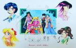  6+girls aino_minako aqua_hair arm_around_neck bishoujo_senshi_sailor_moon bishoujo_senshi_sailor_moon_s black_hair black_pants black_vest blonde_hair blue_bow blue_bowtie blue_eyes blue_hair blue_pants blue_ribbon blue_shirt bow bowtie brown_hair brown_overalls chibi_usa child closed_mouth coat collared_shirt commentary_request concept_art day double_bun earrings english_text fukano_youichi green_eyes green_hair hair_bobbles hair_bun hair_ornament hand_on_another's_shoulder hand_up hino_rei jacket jewelry kaiou_michiru long_hair looking_at_another looking_at_viewer luna-p meiou_setsuna mizuno_ami multiple_girls neck_ribbon necklace one_eye_closed open_clothes open_coat open_jacket open_mouth orange_coat orange_shirt outdoors overall_shorts overalls pants pearl_necklace pink_hair pink_jacket pink_shirt ponytail prototype_design purple_eyes purple_hair purple_jacket red_coat red_scarf ribbon scarf shirt short_hair sleeveless sleeveless_jacket smile standing ten'ou_haruka thumbs_up tomoe_hotaru traditional_media tsukino_usagi twintails v very_long_hair vest wavy_hair white_pants white_shirt yellow_shirt 