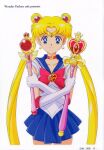  1girl absurdres artist_name asymmetrical_dual_wielding bishoujo_senshi_sailor_moon bishoujo_senshi_sailor_moon_r bishoujo_senshi_sailor_moon_s blonde_hair blue_eyes blue_sailor_collar blue_skirt bow brooch choker circlet closed_mouth commentary cosmic_heart_compact crescent crescent_choker crescent_earrings cropped_legs crossed_arms crystal_star_(sailor_moon) curtained_hair cutie_moon_rod double_bun dual_wielding earrings english_commentary fukano_youichi gloves hair_bun hair_ornament heart heart_brooch heart_choker heart_wand highres holding holding_wand jewelry leotard long_hair looking_at_viewer magical_girl miniskirt multiple_girls official_artist_extra pleated_skirt red_bow red_choker sailor_collar sailor_moon scan simple_background skirt smile solo spiral_heart_moon_rod split_screen standing straight-on third-party_source tsukino_usagi twintails very_long_hair wand white_background white_gloves white_leotard 
