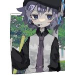  1girl beret black_hat border closed_mouth collared_shirt commentary_request hat headset long_sleeves looking_at_viewer mizuna_(327) necktie outdoors outside_border purple_hair purple_necktie shirt solo upper_body utane_uta utau white_border 