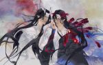  2boys bird bird_wings black_hair black_hanfu chinese_clothes closed_mouth couple dragon_boy dragon_horns eastern_dragon_horns eye_contact facial_mark feathers fingernails floating_hair forehead_mark glassbearer grandmaster_of_demonic_cultivation grin hair_down hair_ribbon half_updo hand_up hanfu head_wings highres holding_hands horns kemonomimi_mode lan_wangji long_hair long_sleeves looking_at_another male_focus monsterification multiple_boys nail_polish official_alternate_hairstyle phoenix pointy_ears red_eyes red_feathers red_nails red_ribbon red_wings ribbon robe sharp_fingernails smile upper_body very_long_hair wei_wuxian wei_wuxian_(yiling_laozu) white_hanfu wide_sleeves wings yaoi yellow_eyes 