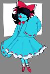  1girl :p aqua_(deltarune) aqua_dress aqua_skin bow collar colored_skin commentary covered_eyes deltarune dress english_commentary frilled_bow frilled_dress frills full_body grey_background hair_wings hand_up head_bow highres red_collar red_shoes shoes sleeves_past_fingers sleeves_past_wrists smile socks solo swaggytimez tongue tongue_out utdr_(toby_fox) white_socks 