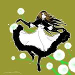  1girl agnes_oblige black_boots black_capelet black_gloves black_hairband boots bravely_default:_flying_fairy bravely_default_(series) breasts brown_hair capelet dress flower full_body fur-trimmed_dress fur_trim gloves hair_between_eyes hairband high_heel_boots high_heels long_dress long_hair medium_breasts mochi_(hanamaruudondesu) open_mouth outstretched_arms parted_bangs signature smile solo white_dress white_flower yellow_background 