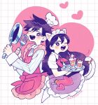 1boy 1girl alternate_costume animal_ear_hairband animal_ears antenna_hair apron blush bright_pupils cat_ear_hairband cat_ears chef_hat collared_pajamas collared_shirt colored_skin commentary_request cup double-parted_bangs drinking_glass fake_animal_ears fake_tail frying_pan hair_between_eyes hairband hat heart hero_(headspace)_(omori) hero_(omori) holding holding_frying_pan holding_spatula holding_tray kiss_the_cook long_hair long_sleeves looking_at_viewer mari_(headspace)_(omori) mari_(omori) mini_chef_hat mini_hat mitsubachi_koucha neckerchief omori one_eye_closed open_mouth pajamas pink_apron purple_apron purple_eyes purple_hair red_neckerchief shirt short_hair short_sleeves smile spatula striped_clothes striped_pajamas tail teeth tongue tray twitter_username upper_teeth_only vertical-striped_clothes vertical-striped_pajamas white_hairband white_pajamas white_pupils white_shirt white_skin 