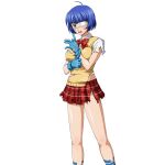  1girl ahoge aqua_eyes aqua_gloves bare_legs blue_hair blush bob_cut bow bowtie breasts embarrassed eyepatch feet_out_of_frame game_asset glove_pull gloves ikkitousen ikkitousen_extra_burst large_breasts medical_eyepatch midriff_peek miniskirt mole mole_under_mouth nanyou_academy_uniform non-web_source official_art open_mouth plaid_clothes plaid_skirt red_bow red_bowtie red_skirt ryomou_shimei_(ikkitousen) school_uniform self-datamine shirt short_hair short_sleeves simple_background skirt socks solo sweater_vest torn_clothes torn_gloves torn_shirt torn_skirt torn_socks torn_sweater_vest transparent_background white_shirt white_socks yellow_sweater_vest 