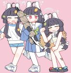  >_< 1girl absurdres ahoge arm_up bandaid bandaid_on_knee bandaid_on_leg bikini black_gloves black_hair black_sandals blue_archive blue_serafuku blue_shirt blue_shorts blue_skirt blush_stickers bolt_action braid chibi closed_eyes commentary_request crocs dash_b gloves green_neckerchief gun gym_shirt gym_shorts gym_uniform halo headgear headset highres holding holding_gun holding_weapon leaf leaf_on_head leaf_print long_hair long_sleeves low_twintails miyu_(blue_archive) miyu_(swimsuit)_(blue_archive) mosin-nagant multiple_views neckerchief open_mouth pantyhose pink_background pleated_skirt print_bikini puffy_long_sleeves puffy_sleeves red_eyes rifle running sailor_collar sandals school_uniform serafuku shirt shoes shorts simple_background skirt sleeves_past_wrists swimsuit tears twin_braids twintails very_long_hair wavy_mouth weapon white_bikini white_pantyhose white_sailor_collar white_shirt white_shoes 