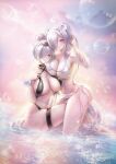  2girls asymmetrical_docking bikini black-framed_eyewear black_slingshot_swimsuit blush breast_press breasts bubble cinderella_(crystal_wave)_(nikke) cinderella_(nikke) cleavage closed_mouth dual_persona eyewear_on_head flower goddess_of_victory:_nikke grey_sarong hair_bun hair_over_one_eye highres large_breasts long_hair looking_at_viewer multiple_girls navel ocean official_alternate_costume open_mouth outdoors pink_sky pinkuempire red_eyes sarong see-through_clothes see-through_shirt shirt sky slingshot_swimsuit smile stomach sunglasses swimsuit thigh_strap twintails very_long_hair water white_bikini white_hair white_sarong wrist_flower 