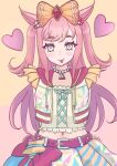 1girl :p absurdres agnes_digital_(umamusume) animal_ears belt blue_eyes blush bow commentary english_commentary hair_between_eyes hair_bow heart highres horse_ears horse_girl jacket jewelry long_hair looking_at_viewer multicolored_jacket navel necklace pink_hair self-upload shoesukey0 simple_background solo tongue tongue_out umamusume yellow_bow 