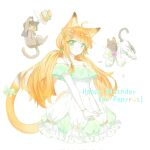  1girl ahoge animal_ears animalization arknights bare_shoulders blush braid cat cat_ears cat_girl cat_tail character_name dress extra_ears green_dress happy_birthday highres long_hair off-shoulder_dress off_shoulder orange_hair papyrus_(arknights) pepe_(arknights) rainsakura0929 simple_background smile tail twintails very_long_hair white_background 