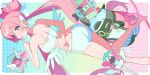  absurdres angel_wings angels_of_delusion aria_(zenless_zone_zero) ass badge bangboo_(zenless_zone_zero) barefoot biggest_fan_(zenless_zone_zero) blue_eyes breasts button_badge commentary double-parted_bangs earpiece halo highres low_wings medium_breasts pink_hair short_shorts shorts single_hair_streak tank_top thighs tongue tongue_out twintails underwear underwear_only untranslatable_commentary uzu_(malese0202) v v_over_mouth wand wings zenless_zone_zero 