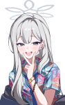  1girl absurdres blue_archive blue_necktie blush commentary floral_print floral_print_shirt grey_eyes grey_hair grey_halo halo hawaiian_shirt highres konoka_(blue_archive) long_hair looking_at_viewer mask mask_pull mouth_mask necktie open_mouth print_shirt shanqianqian_377 shirt short_sleeves simple_background smile solo surgical_mask teeth upper_body upper_teeth_only v white_background white_mask 