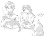  2boys animal cat closed_mouth commentary_request dress_shirt eating glasses greyscale hiraga_keisuke holding holding_animal holding_cat holding_spoon isa_(peien516) male_focus monochrome multiple_boys notice_lines odagiri_hidetoshi pajamas persona persona_3 rectangular_eyewear semi-rimless_eyewear shirt short_hair simple_background sparkle spoon translation_request under-rim_eyewear white_background 