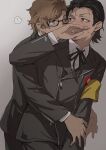  ! 2boys armband black-framed_eyewear black_hair black_jacket black_pants black_ribbon brown_hair commentary_request dress_shirt embarrassed gekkoukan_high_school_uniform hair_slicked_back hiraga_keisuke hug hug_from_behind isa_(peien516) jacket looking_at_another male_focus multiple_boys neck_ribbon odagiri_hidetoshi pants persona persona_3 rectangular_eyewear ribbon school_uniform semi-rimless_eyewear shirt short_hair simple_background spoken_exclamation_mark under-rim_eyewear white_shirt yaoi yellow_armband 