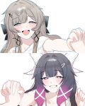  2girls alien_stage black_hair blue_eyes brown_hair columbina_(genshin_impact) genshin_impact hair_intakes head_wings highres holding_hands interlocked_fingers long_hair multicolored_hair multiple_girls pheng_(pleng_130) purple_eyes purple_hair sandrone_(genshin_impact) scene_reference smile two-tone_hair white_wings wings yuri zombie_stage 