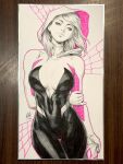  1girl arm_behind_back bodysuit breasts closed_mouth commentary english_commentary hand_on_own_arm head_tilt highres hood hooded_bodysuit large_breasts long_hair marker_(medium) marvel multicolored_bodysuit partially_colored photo_(medium) picture_frame print_bodysuit signature sketch solo spider-gwen spider-man_(series) spider_web_print stanley_lau superhero_costume traditional_media two-tone_bodysuit white_background white_hair 