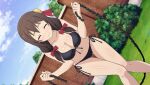  1girl anime_coloring ass_visible_through_thighs bikini black_bikini black_ribbon black_rope blue_sky blush bow braid breasts brick_wall brown_hair bush cleavage closed_eyes cloud collarbone cowboy_shot crown_braid dutch_angle front-tie_bikini_top front-tie_top game_asset grass hair_bow highres holding holding_jump_rope jump_rope kono_subarashii_sekai_ni_shukufuku_wo! kono_subarashii_sekai_ni_shukufuku_wo!_kono_yokubukai_game_ni_shinpan_o! large_breasts lens_flare low_twintails midriff navel non-web_source official_art on_ground open_mouth outdoors raised_inner_eyebrows red_bow ribbon rope self-datamine side-tie_bikini_bottom sky solo standing swimsuit thigh_gap twintails variant_set yunyun_(konosuba) 
