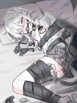  1boy absurdres anal_beads ass ball_gag bdsm bed_sheet bell belt_collar black_collar blush bondage bound bound_arms bound_legs collar collarbone collared_shirt commentary_request controller crossdressing crossdressing_(mtf) crying crying_with_eyes_open dokomilk double-parted_bangs ear_piercing egg_vibrator full_body gag grey_eyes grey_hair grey_skirt grey_socks hair_between_eyes highres jingle_bell looking_at_viewer lying male_focus medium_hair miniskirt neck_bell nipple_stimulation nipple_suction_cups nipples on_bed on_side open_clothes open_shirt original panties piercing pillow plaid_clothes plaid_skirt pleated_skirt puffy_chest remote_control remote_control_vibrator sex_toy shirt sidelocks skirt socks solo tape tape_bondage taped_hands tears textless_version thighs trap underwear vibrator white_panties white_shirt wiffle_gag 