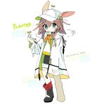  1girl amiya_(arknights) amiya_(seedsower)_(arknights) animal_ears arknights baseball_cap black_boots blue_eyes blush boots chibi dress ears_through_headwear finger_heart frown hat highres jacket jewelry long_hair looking_at_viewer multiple_rings naguru_(cyoroama) neckerchief official_alternate_costume open_clothes open_jacket orange_neckerchief rabbit_ears rabbit_girl ring simple_background solo twitter_username white_background white_dress white_hat white_jacket 