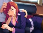  1boy 1girl :>= belt blush bracelet breasts business_suit censored cleavage couch earrings fellatio formal_clothes fuuki_iinchou_seira game_asset grabbing_another's_hair hand_on_another's_head hetero holding_another's_hair ishigaki_takashi jewelry large_breasts long_hair mosaic_censoring necklace non-web_source official_art oral pantyhose pencil_skirt penis purple_eyes red_hair saliva self-datamine skirt skirt_suit solo_focus suit variant_set visual_novel_cg yuuki_serina 