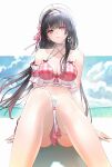  1girl absurdres bare_pectorals beach beret black_hair breasts chisa_(peach_parfait)_(wuthering_waves) chisa_(wuthering_waves) closed_mouth cloud cloudy_sky commentary_request flower hair_flower hair_ornament hair_ribbon hat highres long_hair medium_breasts mek ocean pectorals pink_flower pink_ribbon red_eyes ribbon simple_background skirt sky smile swimsuit twintails white_flower wuthering_waves 
