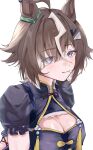  1girl 5sen5sen ahoge animal_ears bare_shoulders black_dress blue_eyes blush breasts brown_hair cleavage cleavage_cutout closed_mouth clothing_cutout commentary_request dress fang hair_ornament hair_over_one_eye highres horse_ears horse_girl large_breasts looking_at_viewer multicolored_hair rulership_(umamusume) see-through_clothes see-through_sleeves shirt short_hair simple_background solo streaked_hair umamusume white_background 