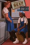  1boy 1girl apron arm_tattoo black_hair blue_apron brown_hair carmy_berzatto commentary countdown_timer dark-skinned_female dark_skin hand_tattoo headscarf highres indoors shirt sunnnliwx sydney_adamu tattoo the_bear white_shirt 